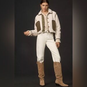 Anthropologie BLANKNYC Cloud Forest Sherpa Cream Olive Green Boxy Jacket Medium